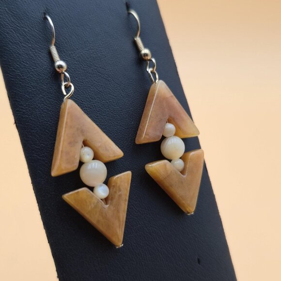 Gold Over Copper Orange Yellow Aventurine Stone Vintage Earrings A5971 - Picture 2 of 5